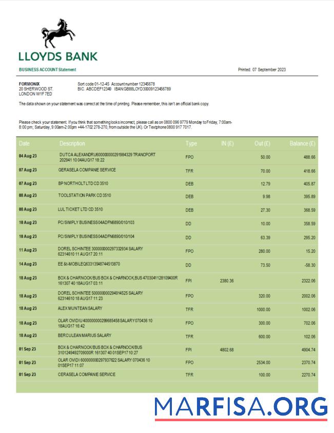 Hohe Qualität Lloyds Bank Geschäft Konto Kontoauszug Word and PDF Vorlage