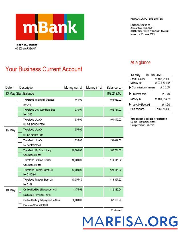 Realistisch MBank Unternehmen Kontoauszug Word and PDF Vorlage