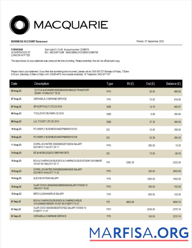 Bearbeitbar Macquarie Bank enterprise Kontoauszug Word and PDF Vorlage