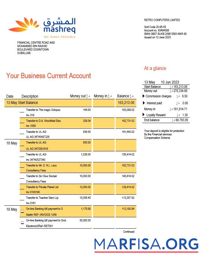 Premium Mashreq Bank Unternehmen checking Konto Kontoauszug Word and PDF Vorlage