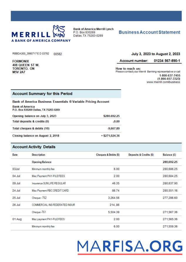 Bearbeitbar Merrill Bank organization Konto Kontoauszug Word and PDF Vorlage