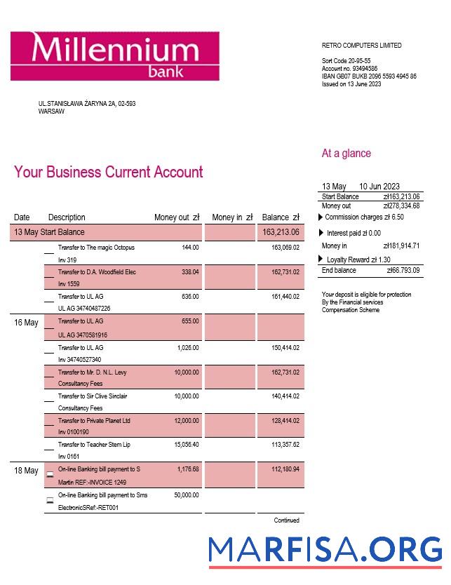 Premium Millenium Bank enterprise Kontoauszug Word and PDF Vorlage