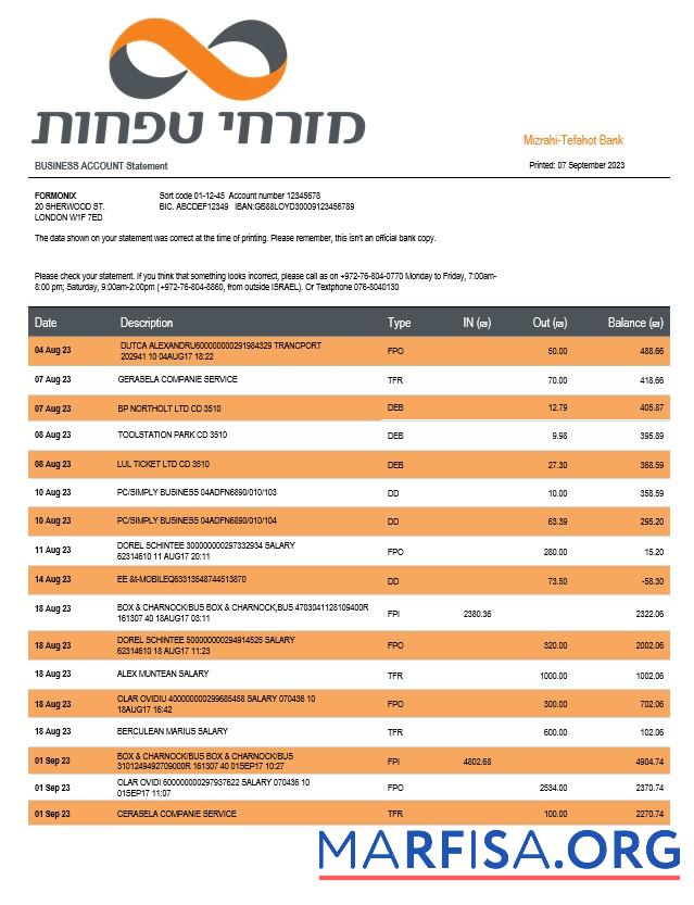 Premium Mizrahi Tefahot Bank organization Kontoauszug Word and PDF Vorlage