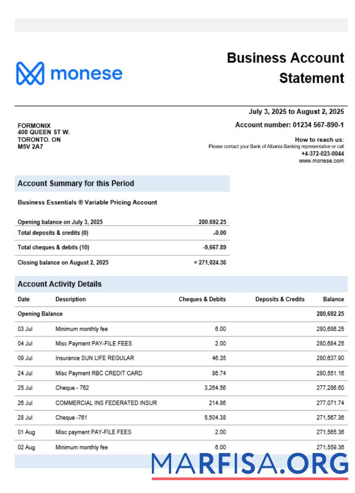 Monese Bank Geschäft Bank Kontoauszug Word and PDF Format Mockup