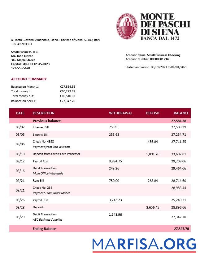 Premium Monte dei Paschi di Siena firm Konto Kontoauszug Word and PDF Vorlage