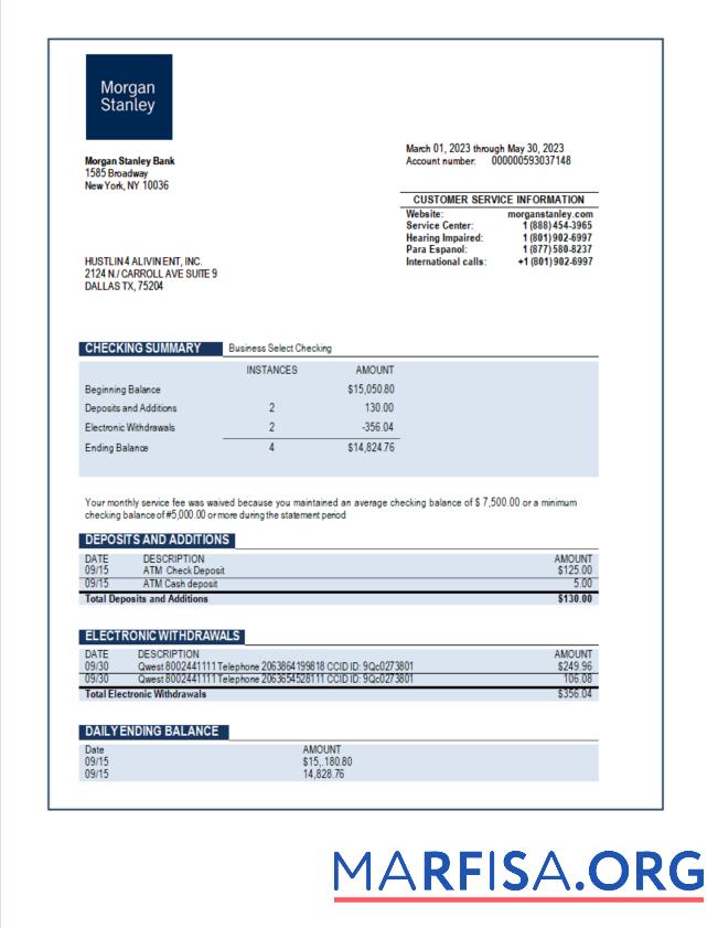 Bearbeitbar Morgan Stanley Bank organization Konto Kontoauszug Word and PDF Vorlage