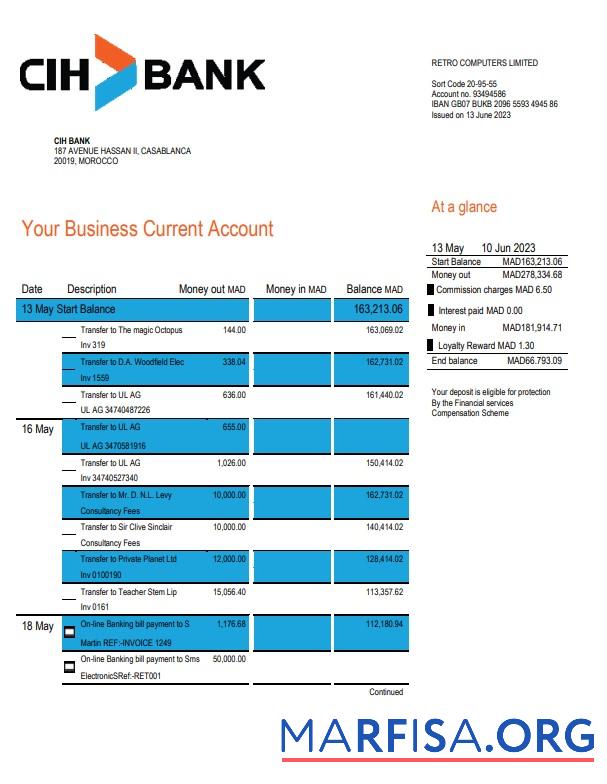 Realistisch Marokko CIH Bank Kontoauszug Word and PDF Vorlage