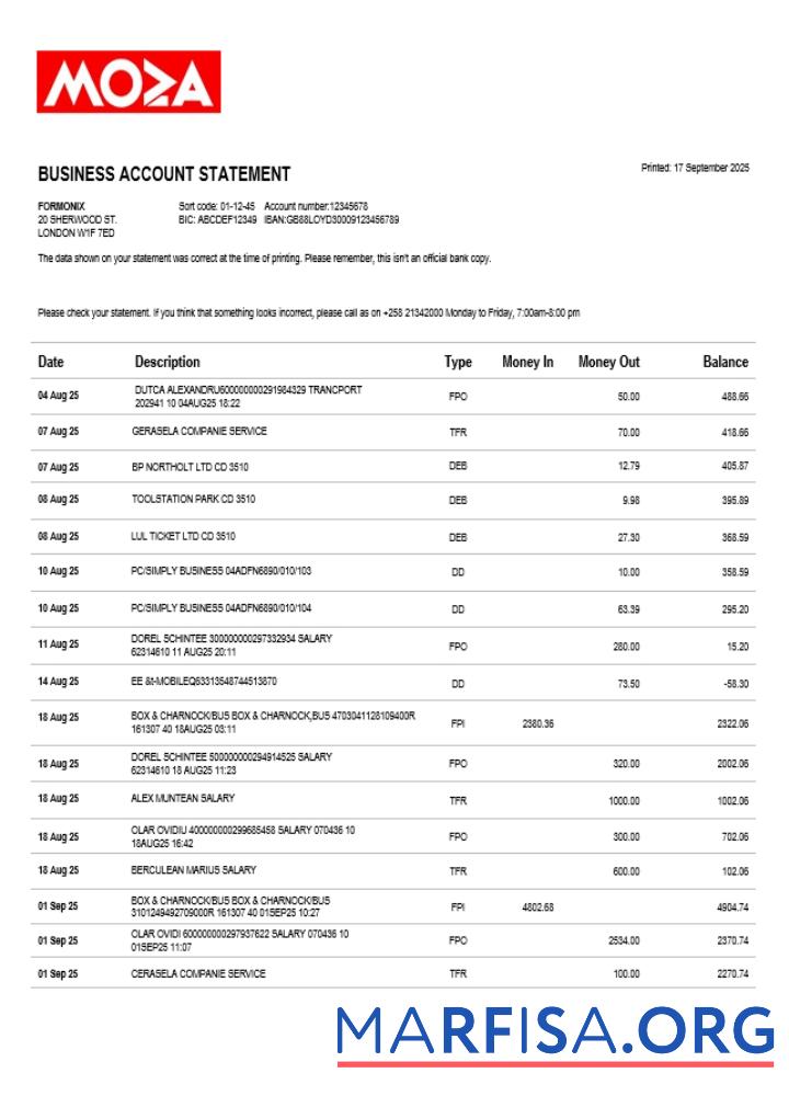 Bearbeitbar Moza Banco firm Konto Kontoauszug Word and PDF Vorlage (1)