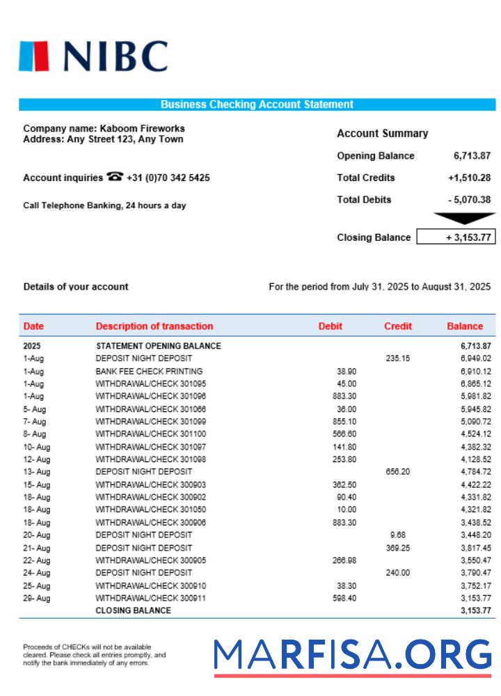 NIBC Bank Geschäft organization checking Kontoauszug Word and PDF Format Vorschau