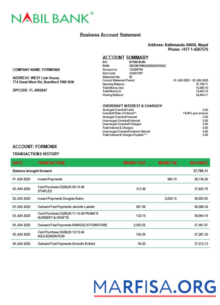 Nabil enterprise Konto Kontoauszug Word and PDF Format (1) Design