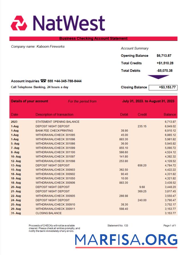 Realistisch NatWest Bank enterprise Konto Kontoauszug Word and PDF Vorlage