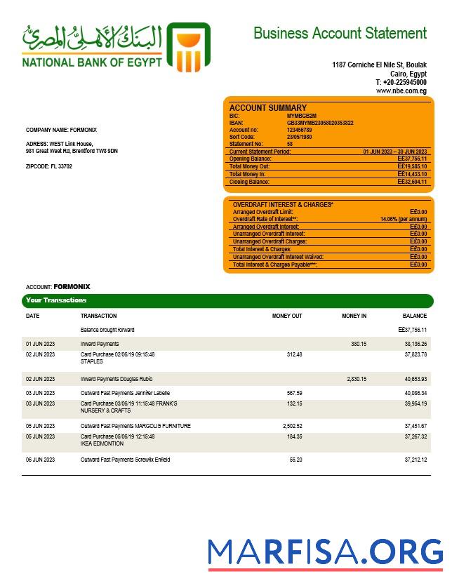 Professionell National Bank of Ägypten Unternehmen Konto Kontoauszug Word and PDF Vorlage