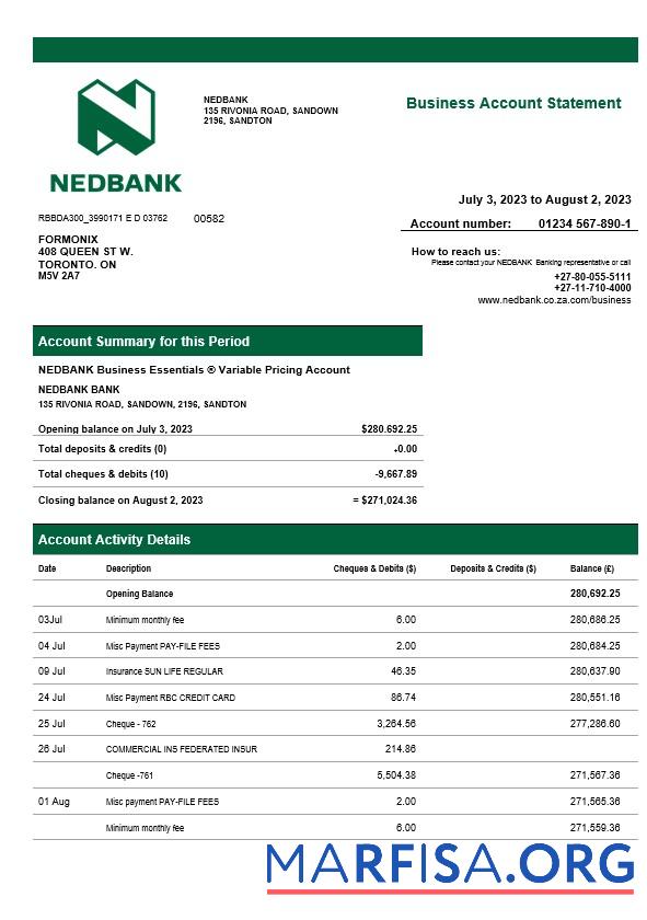 Hohe Qualität Nedbank firm Kontoauszug Word and PDF Vorlage