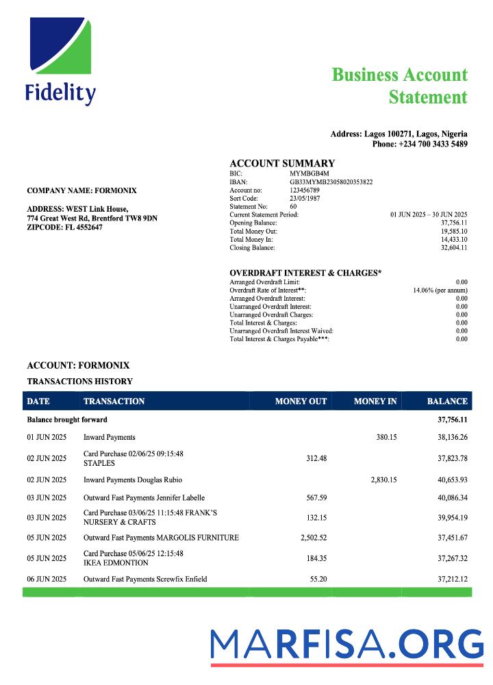 Realistisch Nigeria Fidelity Bank enterprise Konto Kontoauszug Word and PDF Vorlage