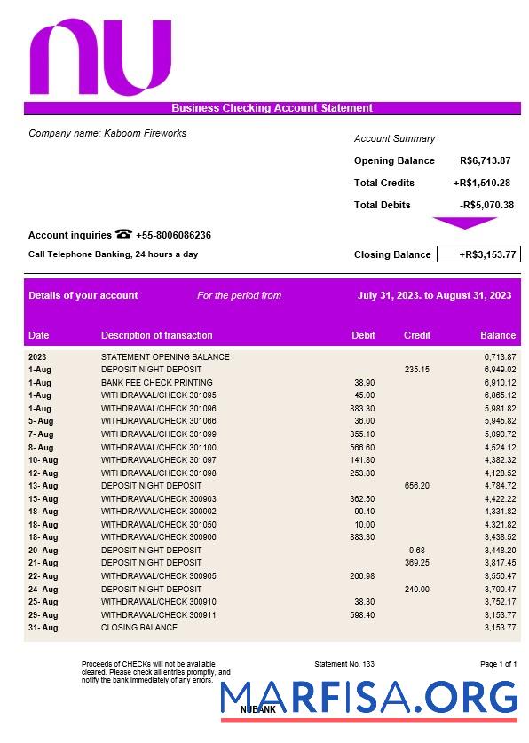 Bearbeitbar Nubank corporate checking Konto Kontoauszug Word and PDF Vorlage