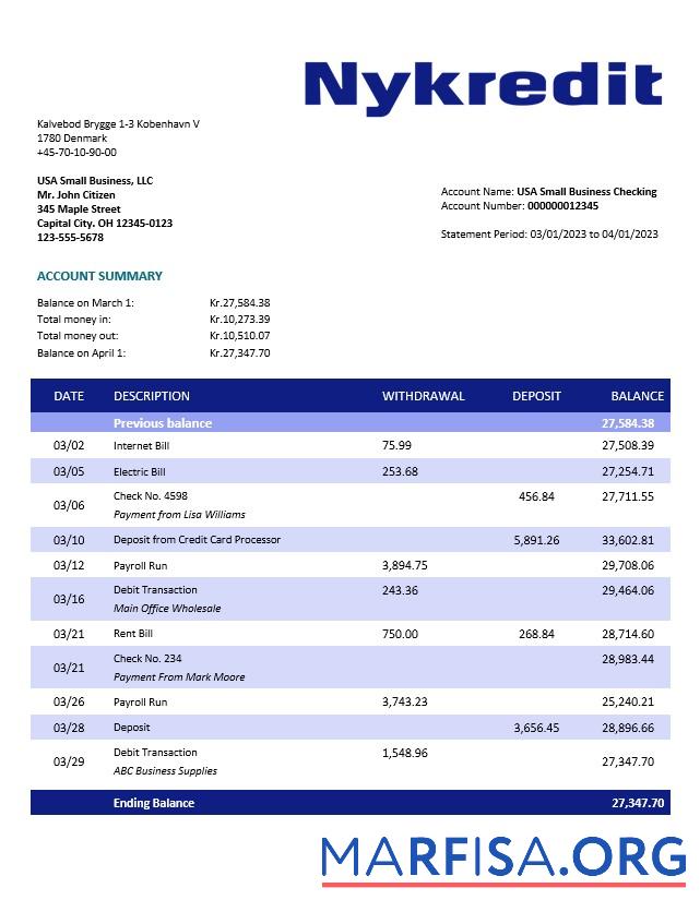Bearbeitbar Nykredit Bank organization Kontoauszug Word and PDF Vorlage