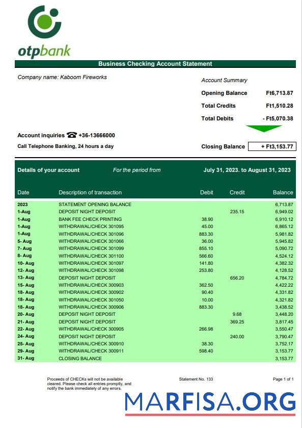 Bearbeitbar OTP Bank firm Kontoauszug Word and PDF Vorlage