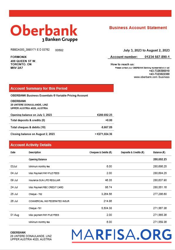 Premium Oberbank Unternehmen checking Konto Kontoauszug Word and PDF Vorlage