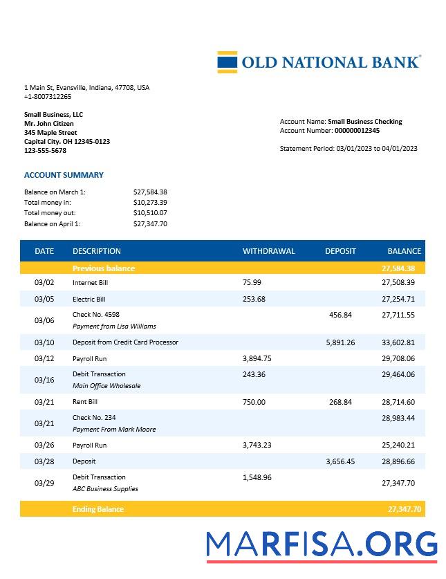 Professionell Old National Bank organization Konto Kontoauszug Word and PDF Vorlage
