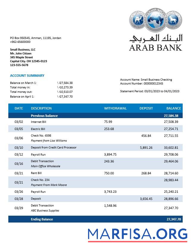 Bearbeitbar Oman Arab Bank Unternehmen checking Konto Kontoauszug Word and PDF Vorlage
