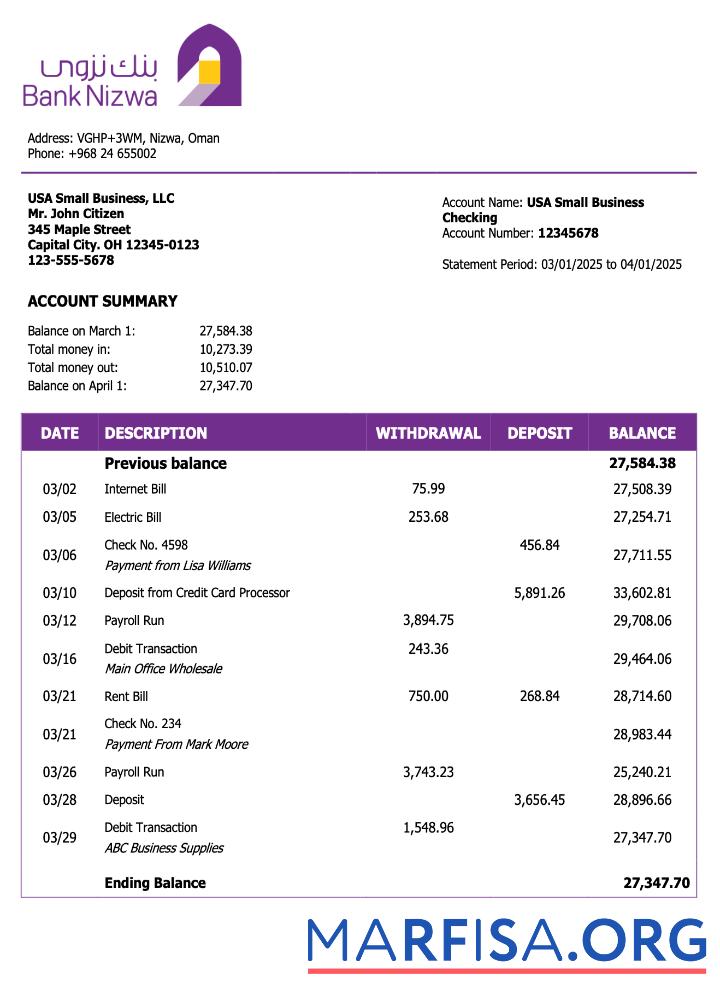 Professionell Omani Bank Nizwa firm Kontoauszug Word and PDF Vorlage