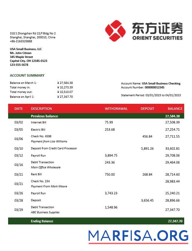 Realistisch Orient Securities Geschäft Bank Kontoauszug Word and PDF Vorlage