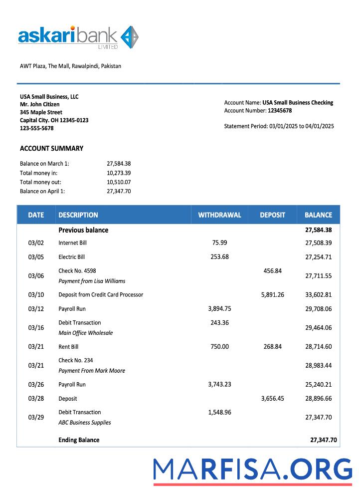 Bearbeitbar Pakistan Askari Bank Geschäft checking Konto Kontoauszug Word and PDF Vorlage