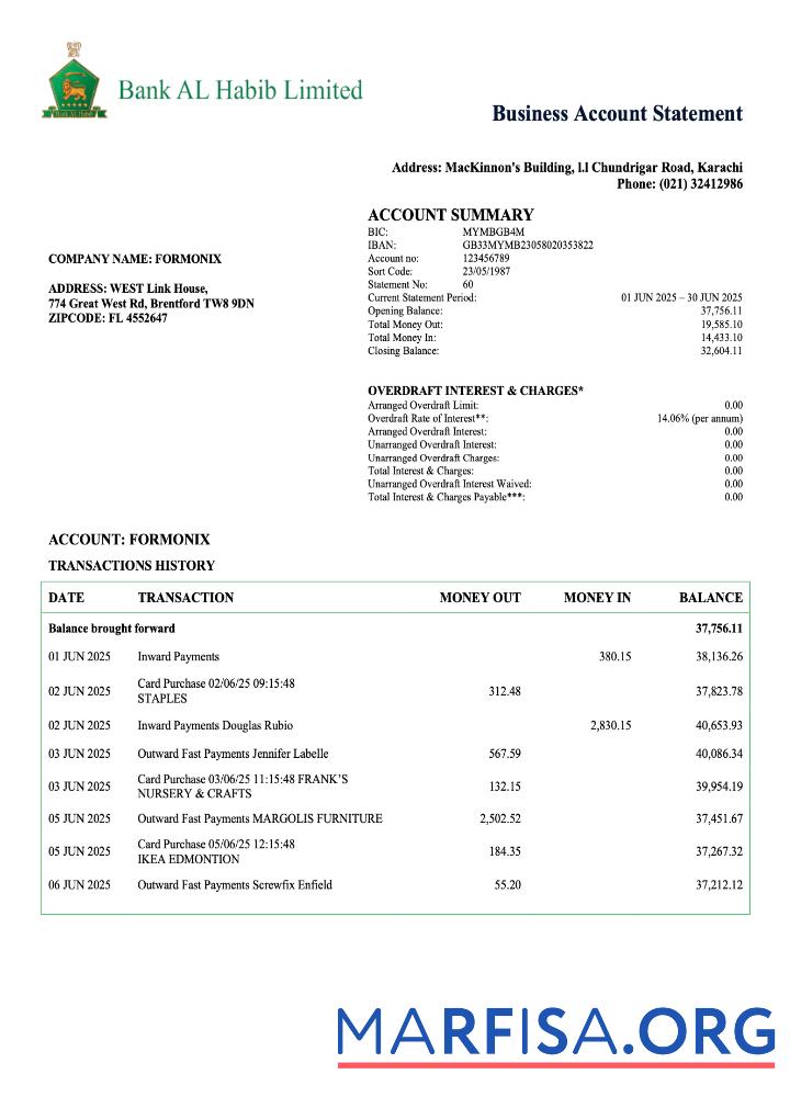 Professionell Pakistan Bank Al Habib enterprise Kontoauszug Word and PDF Vorlage