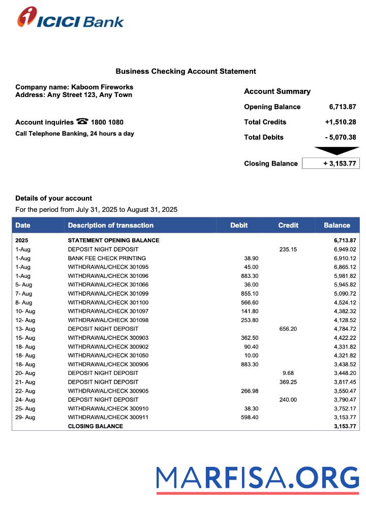 Premium Pakistan ICICI firm Konto Kontoauszug Word and PDF Vorlage