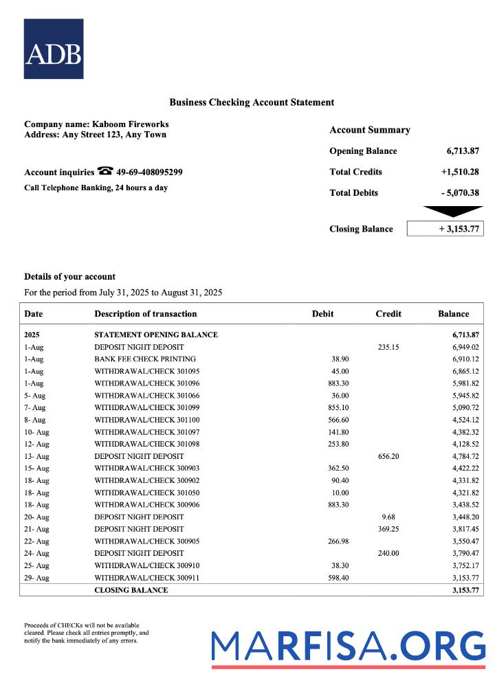 Realistisch Palau ADB corporate checking Konto Kontoauszug Word and PDF Vorlage