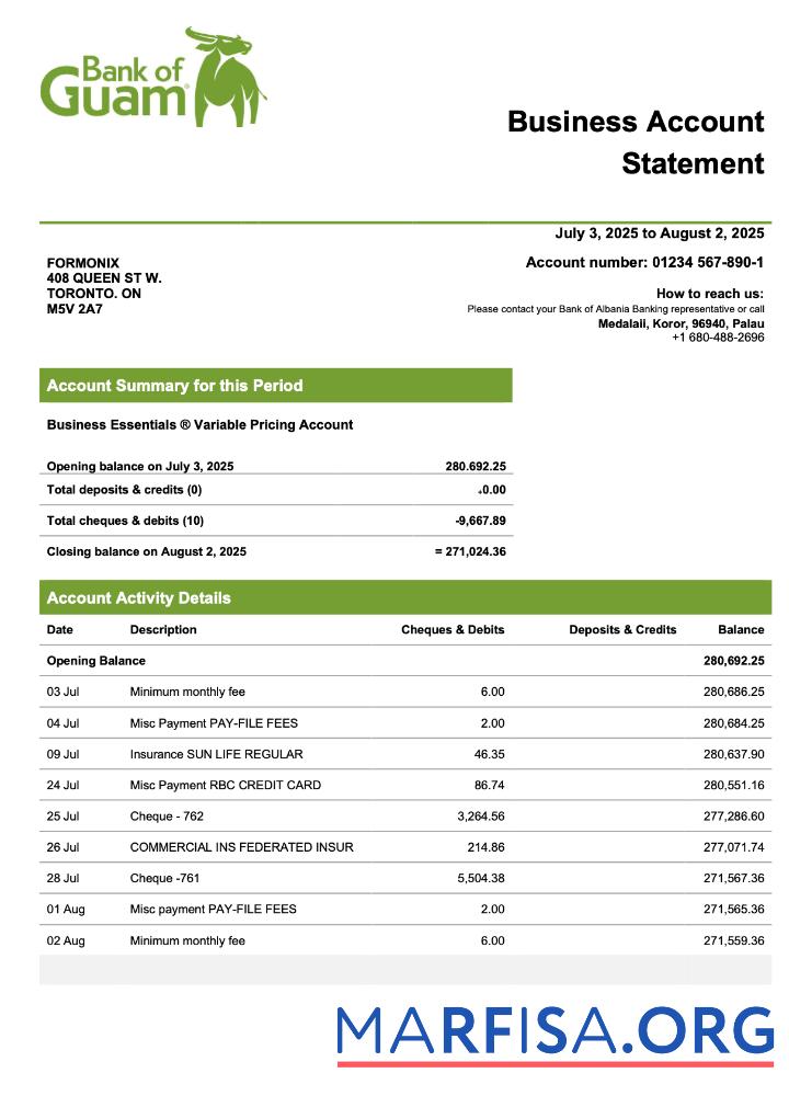 Realistisch Palau Bank of Guamanian Unternehmen checking Konto Kontoauszug Word and PDF Vorlage