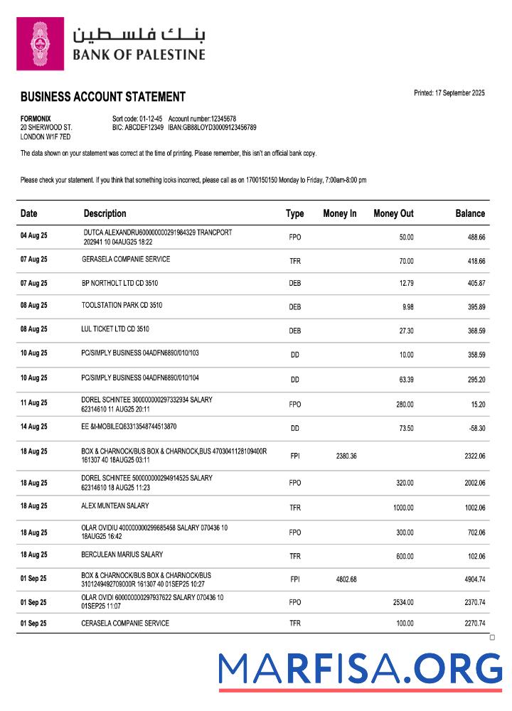 Hohe Qualität Palestinian Bank of Palestinian Unternehmen checking Konto Kontoauszug Word and PDF Vorlage