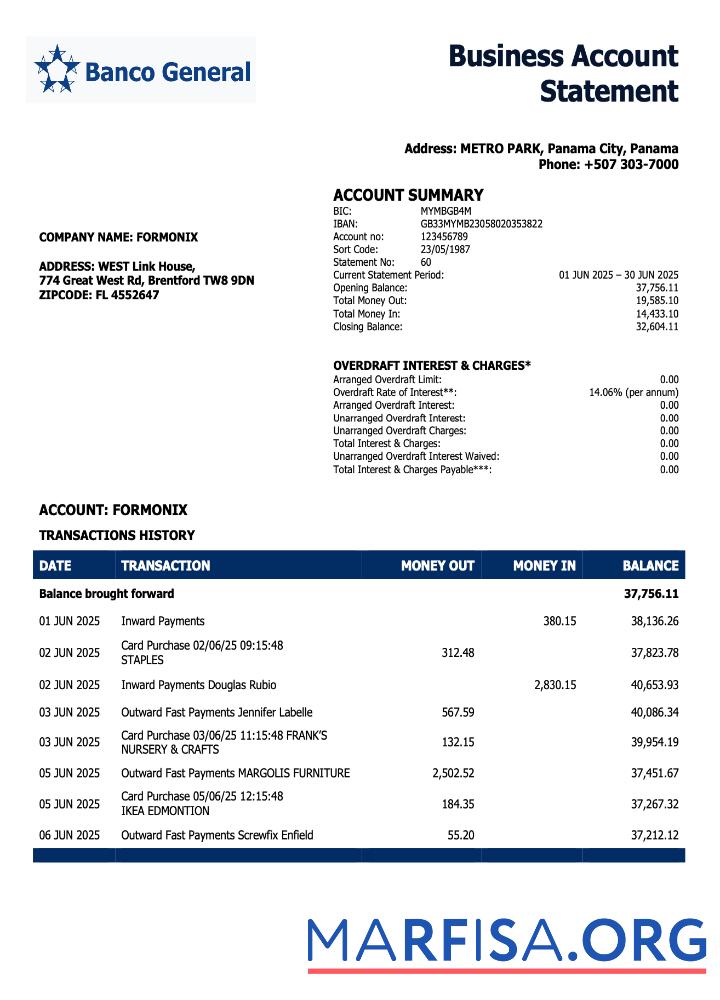 Panama Banco General enterprise Konto Kontoauszug Word and PDF Format Vorlage