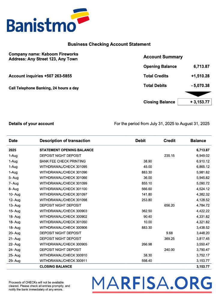 Bearbeitbar Panama Banistmo Bank Unternehmen checking Konto Kontoauszug Word and PDF Vorlage