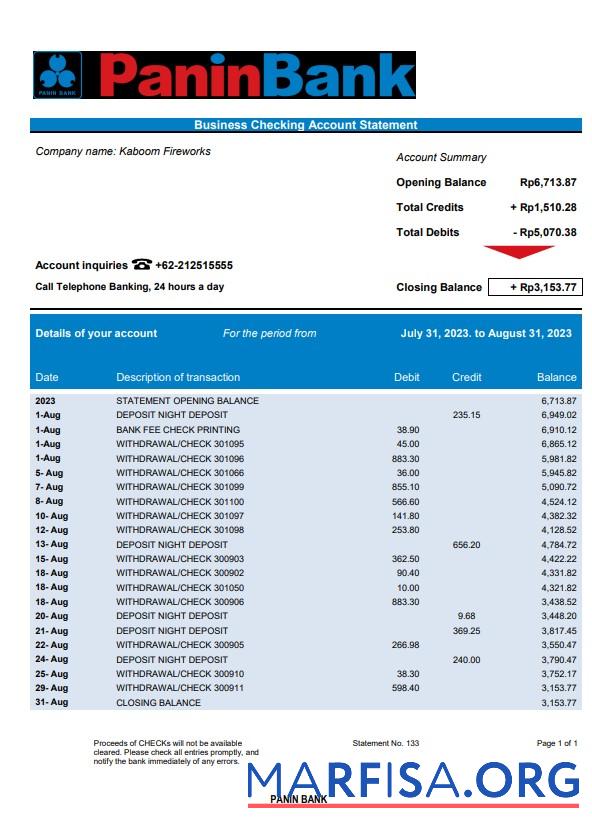 Professionell Panin Bank organization checking Konto Kontoauszug Word and PDF Vorlage