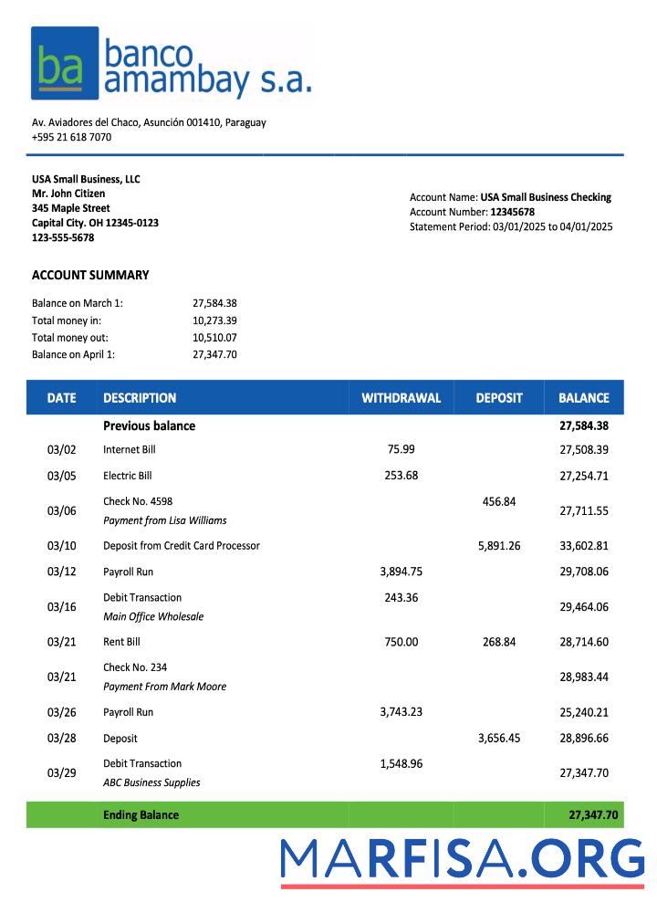 Professionell Paraguay Banco Amambay organization Kontoauszug Word and PDF Vorlage