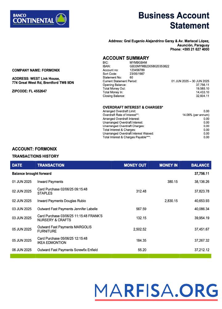 Premium Paraguayan Banco Continental S.A.E.C.A. Bank firm Konto Kontoauszug Word and PDF Vorlage
