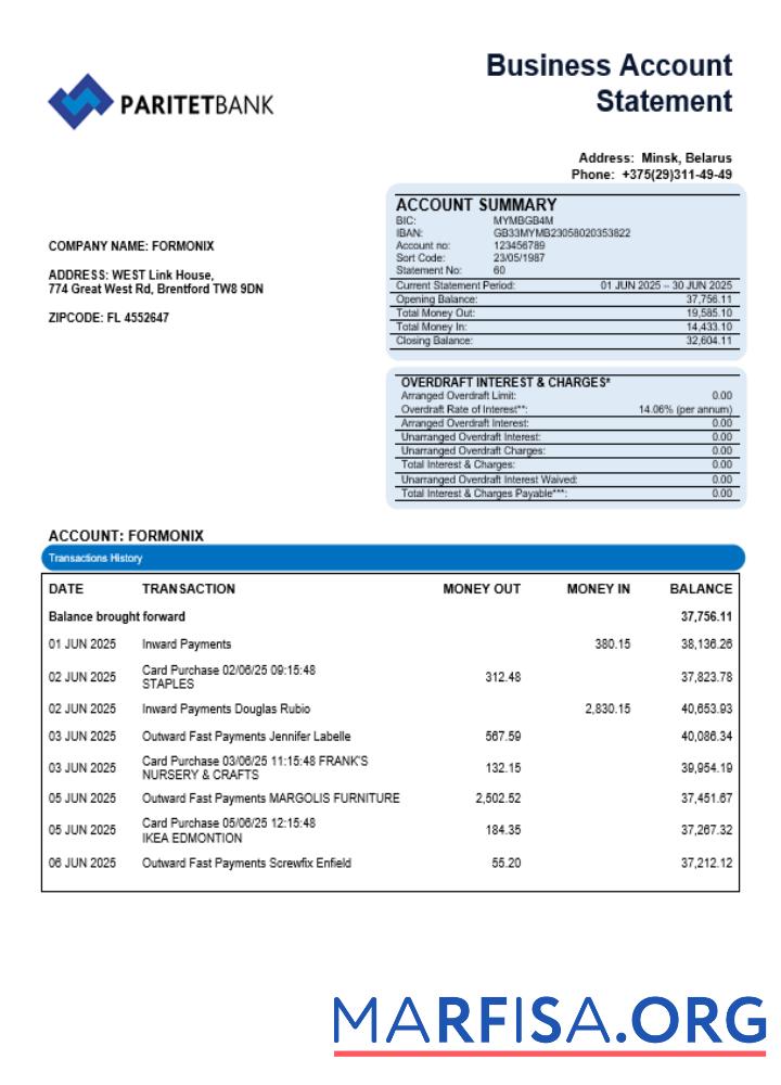Paritet Bank Unternehmen Konto Kontoauszug Word and PDF Format Probe