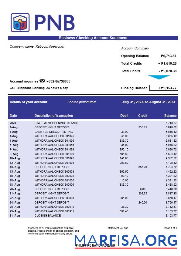 Bearbeitbar Philippine National Bank Geschäft Kontoauszug Word and PDF Vorlage
