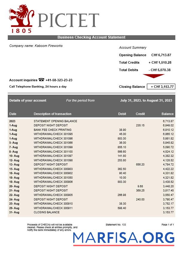 Realistisch Pictet Bank firm Konto Kontoauszug Word and PDF Vorlage