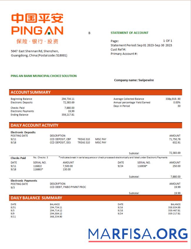 Bearbeitbar Ping An Bank firm checking Konto Kontoauszug Word and PDF Vorlage