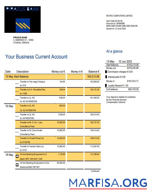 Premium Piraeus Bank Geschäft Kontoauszug Word and PDF Vorlage