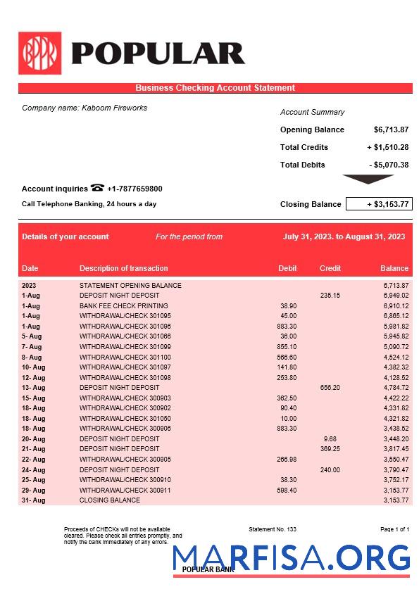 Realistisch Popular Bank firm Konto Kontoauszug Word and PDF Vorlage