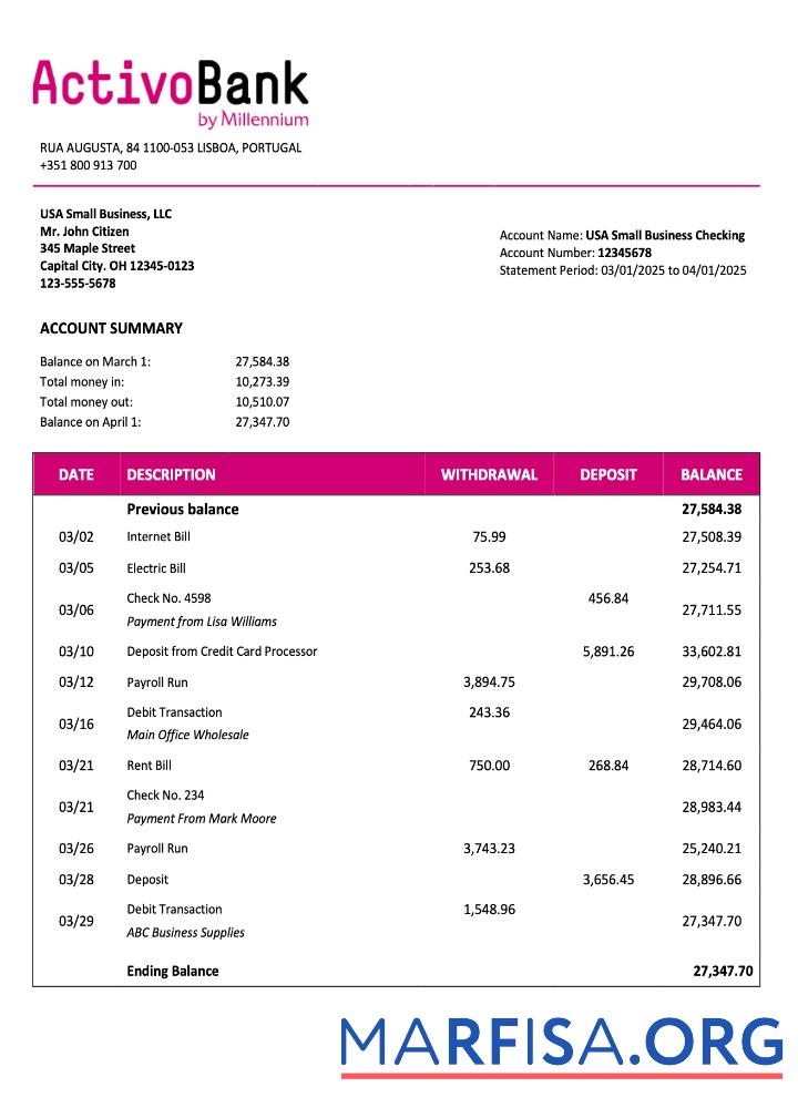 Hohe Qualität Portugal Activobank Unternehmen checking Konto Kontoauszug Word and PDF Vorlage