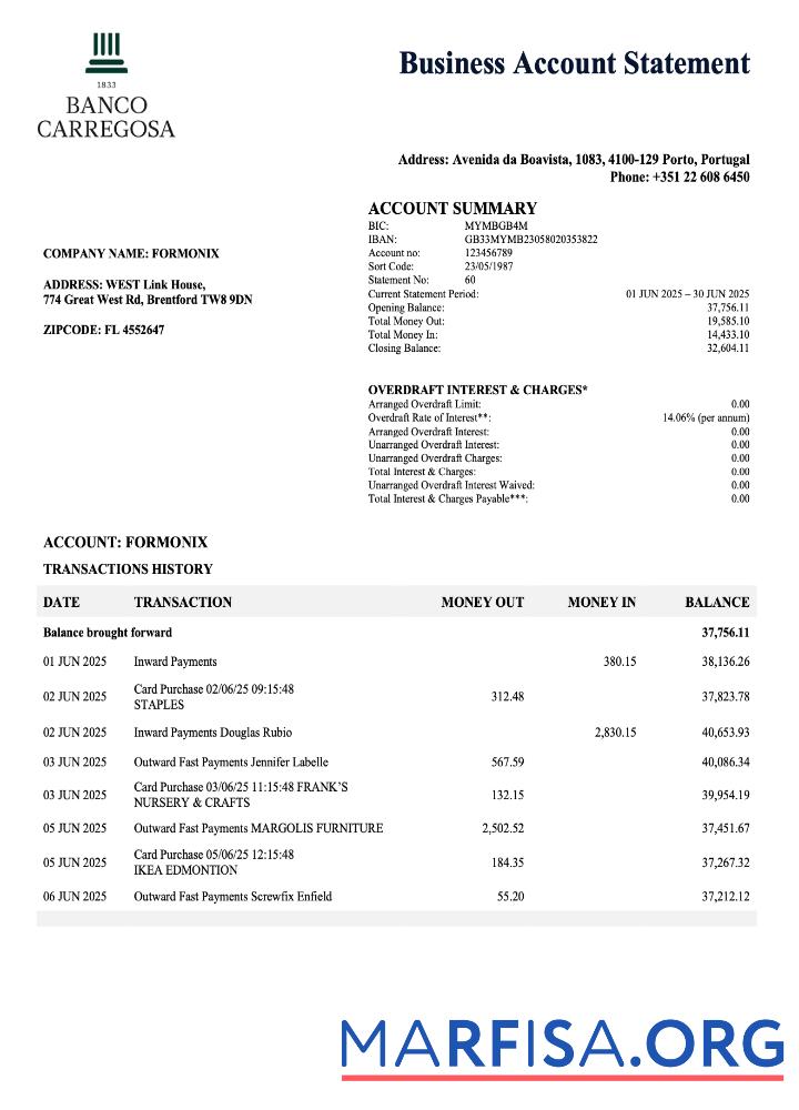 Portuguese Banco Carregosa enterprise Kontoauszug Word and PDF Format Probe
