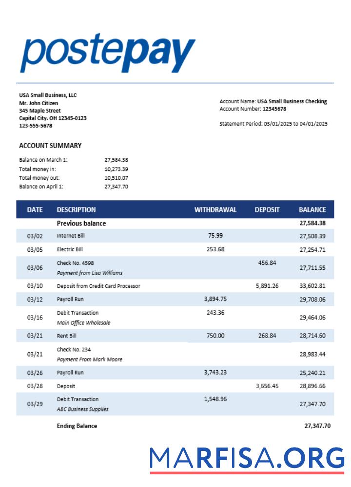 Postepay Evolution (Poste Italiane) enterprise Kontoauszug Word and PDF Format Probe