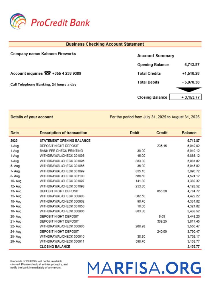 ProCredit organization checking Konto Kontoauszug Word and PDF Format Probe