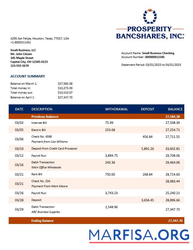 Realistisch Prosperity Bancshares Inc Unternehmen checking Konto Kontoauszug Word and PDF Vorlage