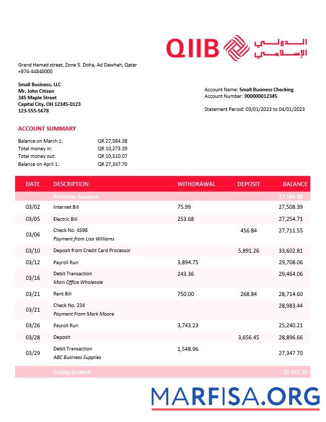 Bearbeitbar QIIB firm Konto Kontoauszug Word and PDF Vorlage