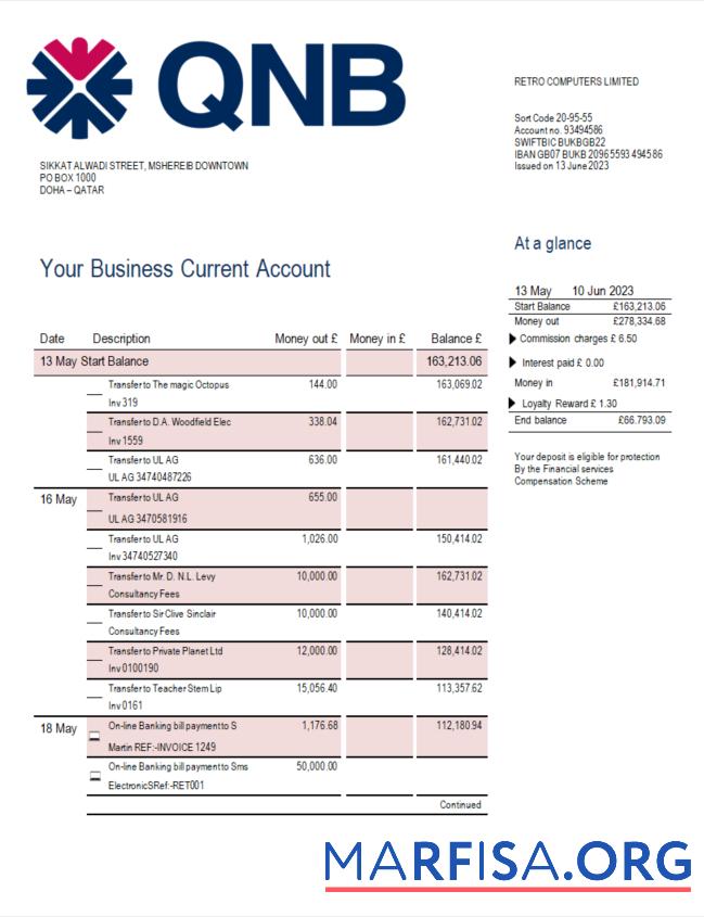 Bearbeitbar QNB Bank Unternehmen Konto Kontoauszug Word and PDF Vorlage